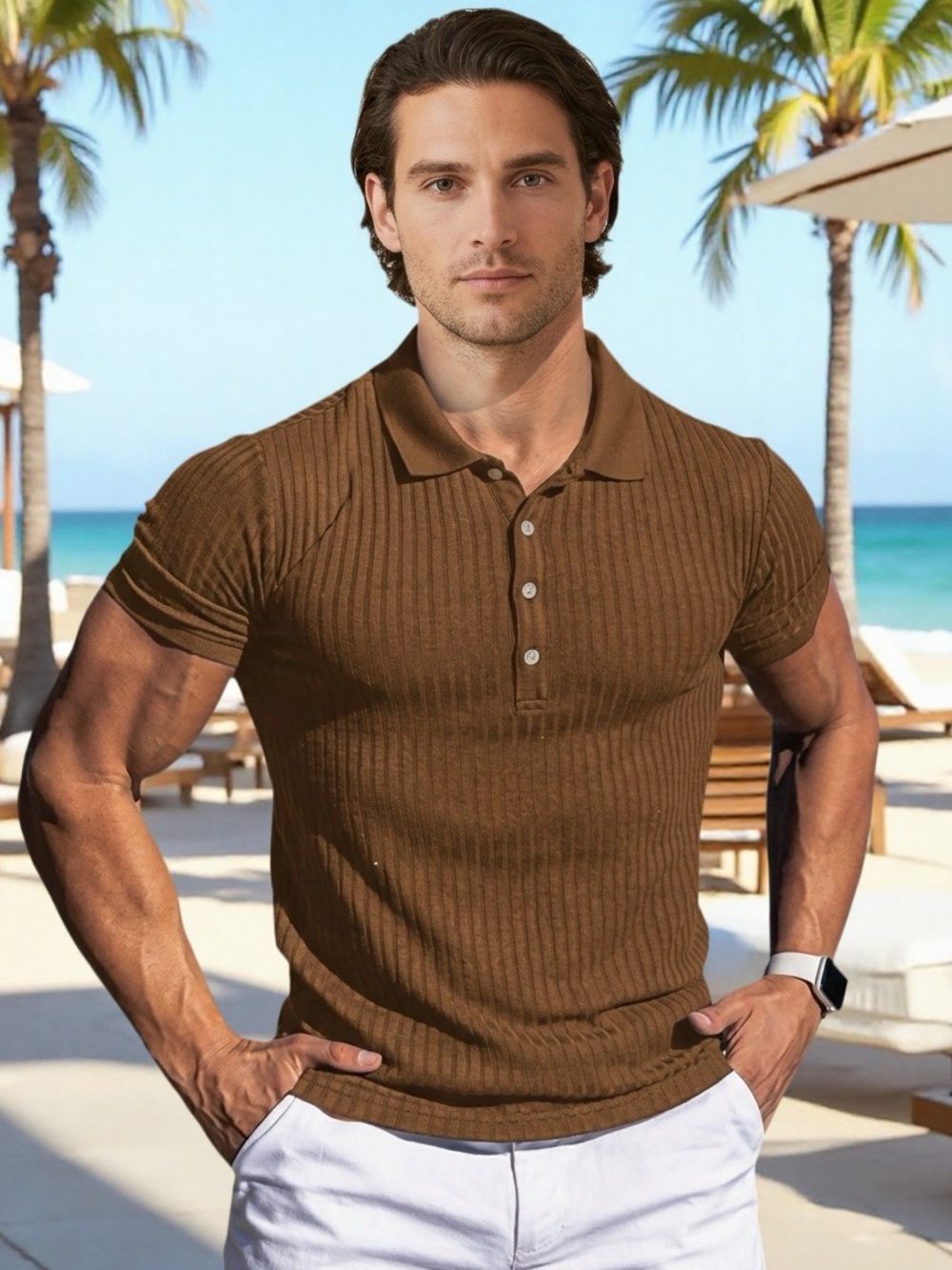 URRU Men’s Brown Short Sleeve Muscle Stretch Polo Shirt – Size Large - Picture 4 of 9